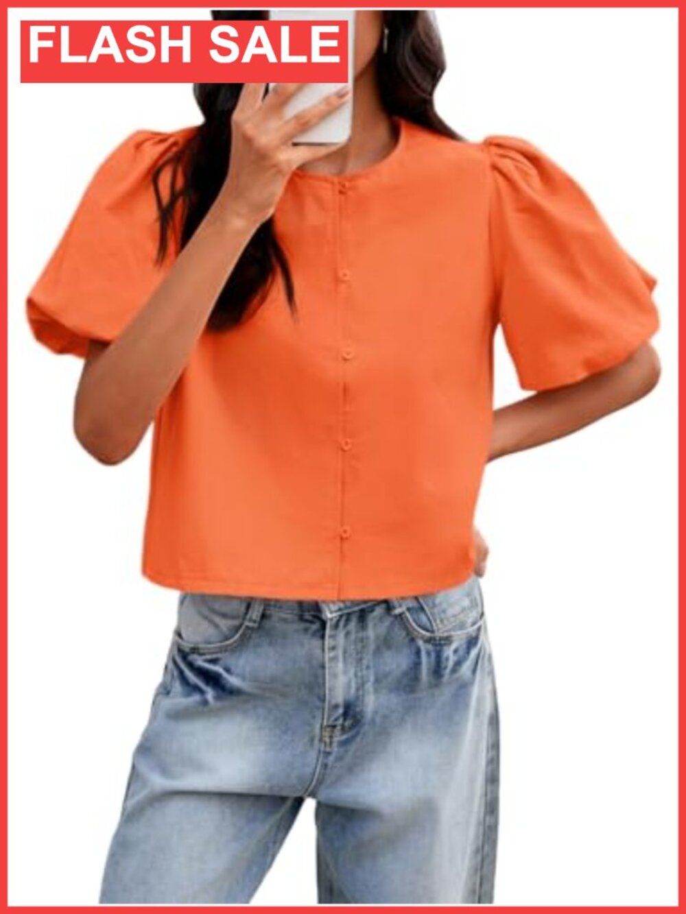 Womens Cropped Button Down Blouse Puff Sleeve Collarless Crewneck Top